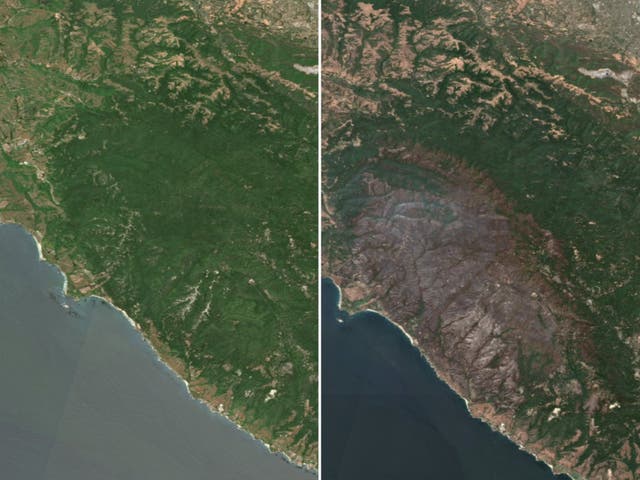The scar across the landscape left behind following a massive wildfire east of San Jose in California, as seen from space 