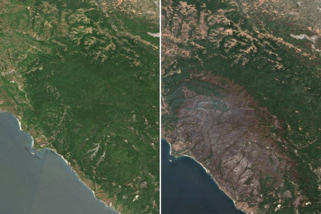 The scar across the landscape left behind following a massive wildfire east of San Jose in California, as seen from space 