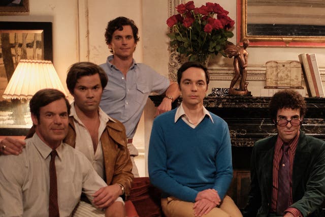 Tuc Watkins, Andrew Rannells, Matt Bomer, Jim Parsons and Zachary Quinto in Netflix's 'The Boys in the Band'