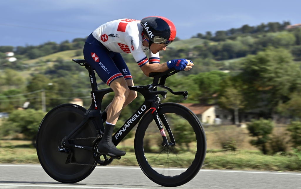 Geraint Thomas in action during the men elite individual time trial in Imola, Italy