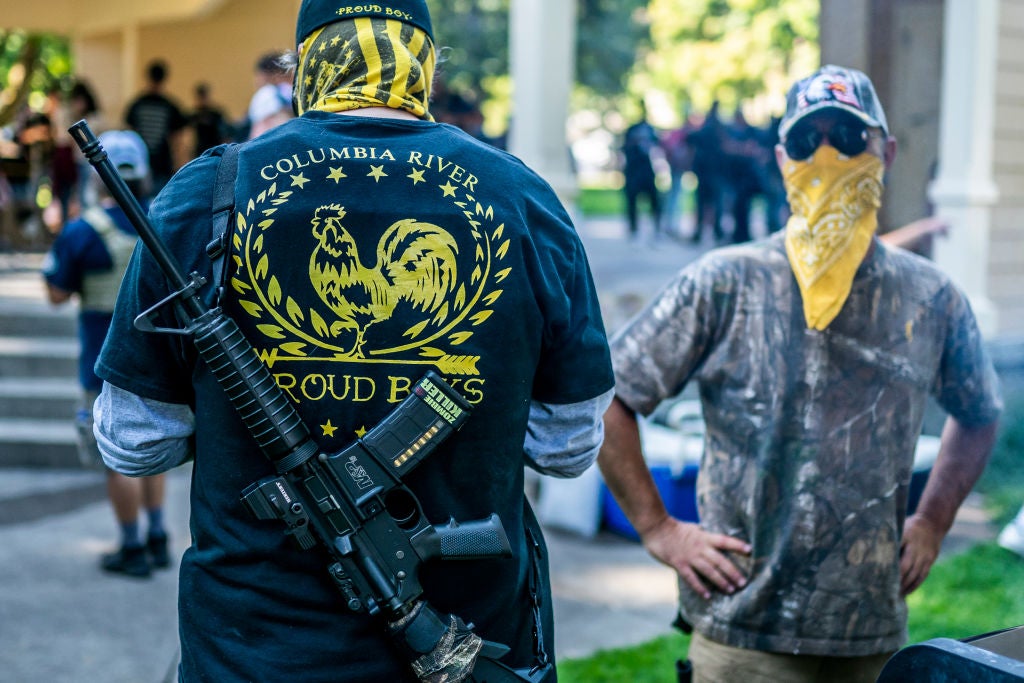 Los seguidores de Proud Boys ahora usan camisetas de 'retrocedan y esperen'.
