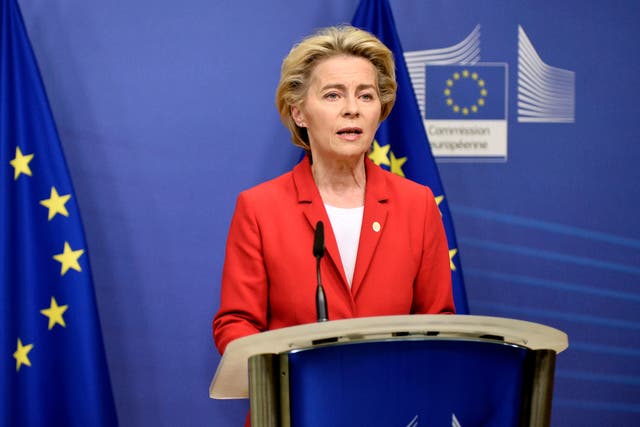European Commission president Ursula von der Leyen announces the European Union will be taking legal action against Britain’s plans to breach parts of the withdrawal agreement, in Brussels yesterday