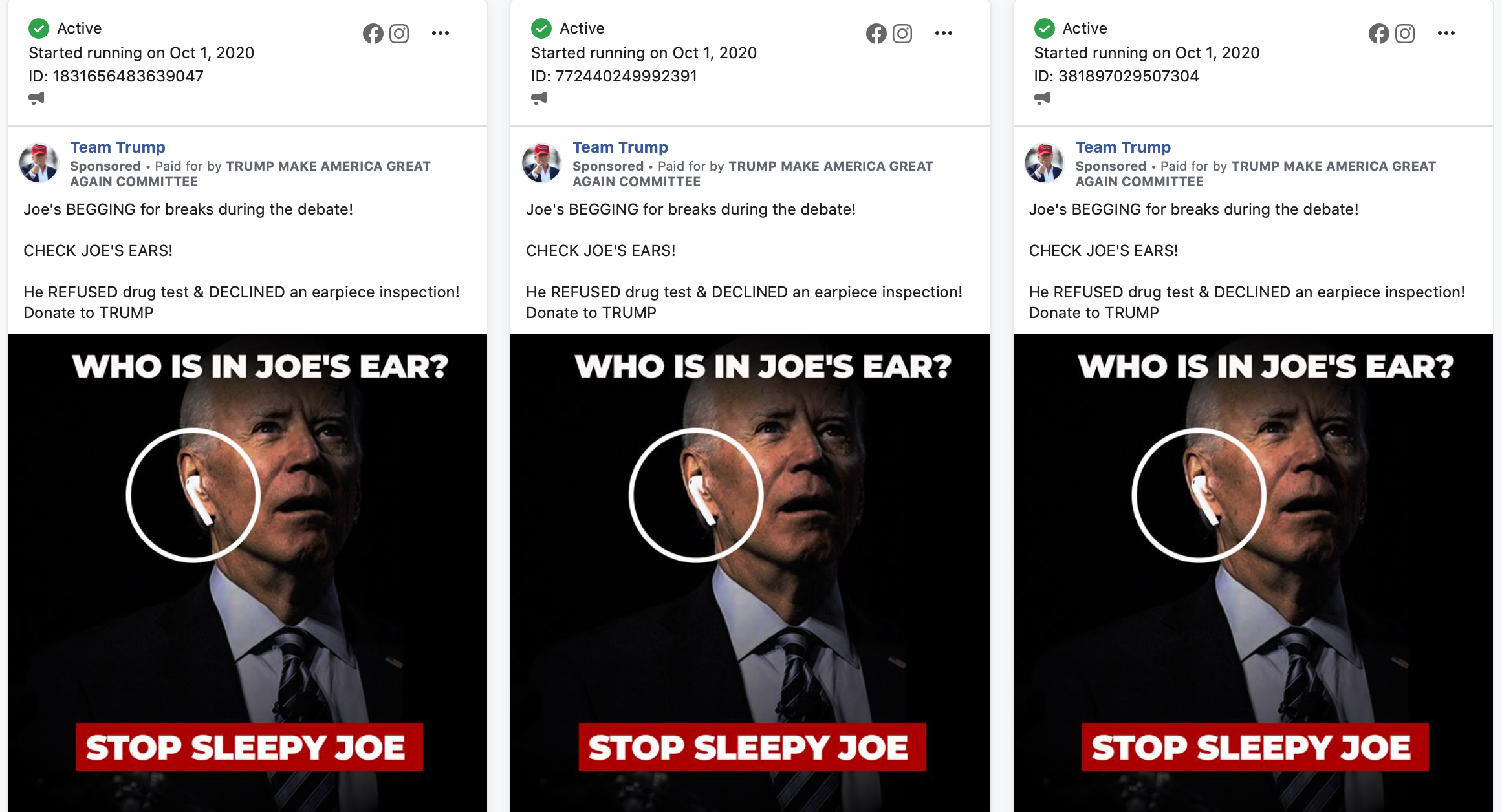 Facebook ads from Donald Trump's campaign promote a conspiracy that Joe Biden would rely on an earpiece during their first debate.