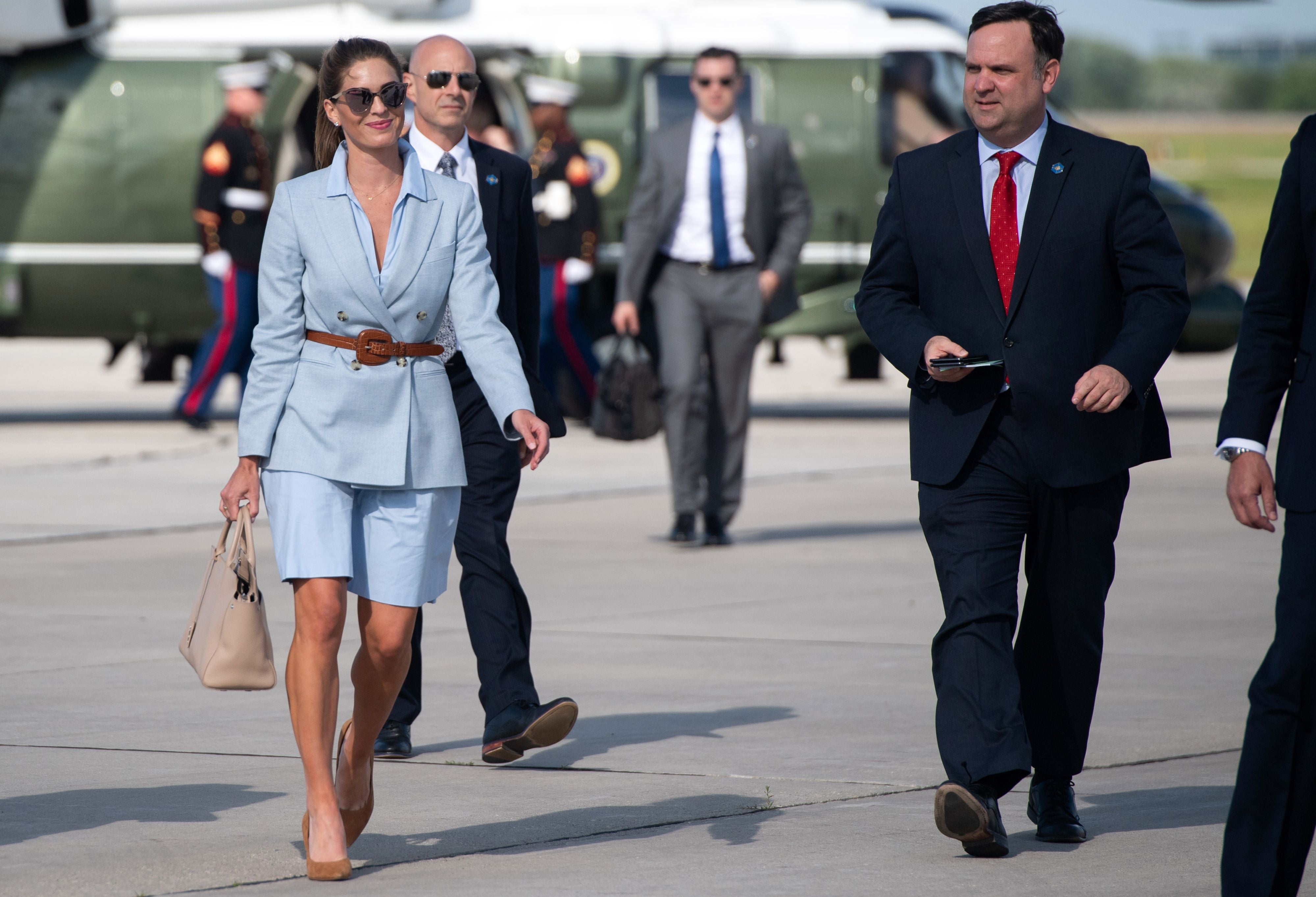 Counselor to the President Hope Hicks (L) and White House social media director Dan Scavino (R) walk to board Air Force One prior to US President Donald Trump departure from Austin Straubel International Airport in Green Bay, Wisconsin, June 25, 2020. (Photo by SAUL LOEB / AFP) (Photo by SAUL LOEB/AFP via Getty Images)