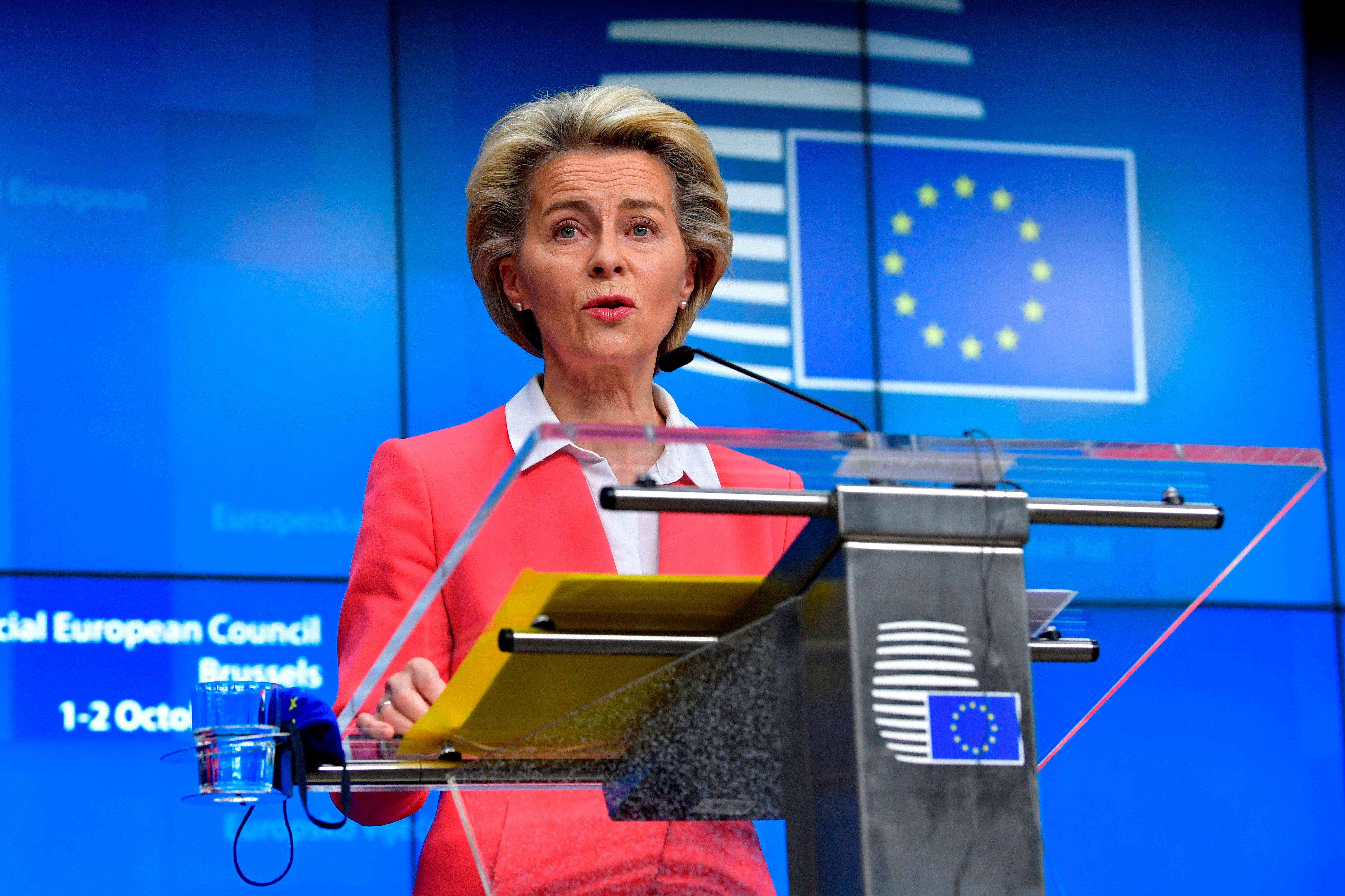 European Commission President Ursula von der Leyen speaking after a meeting of EU leaders in Brussels