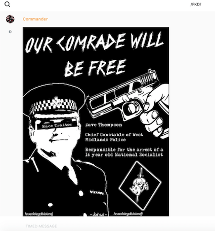 A poster released by Feuerkrieg Division members after a 16-year-old member was arrested in 2019