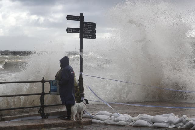 High winds from Storm Alex whip up waves at Swanage in Dorset
