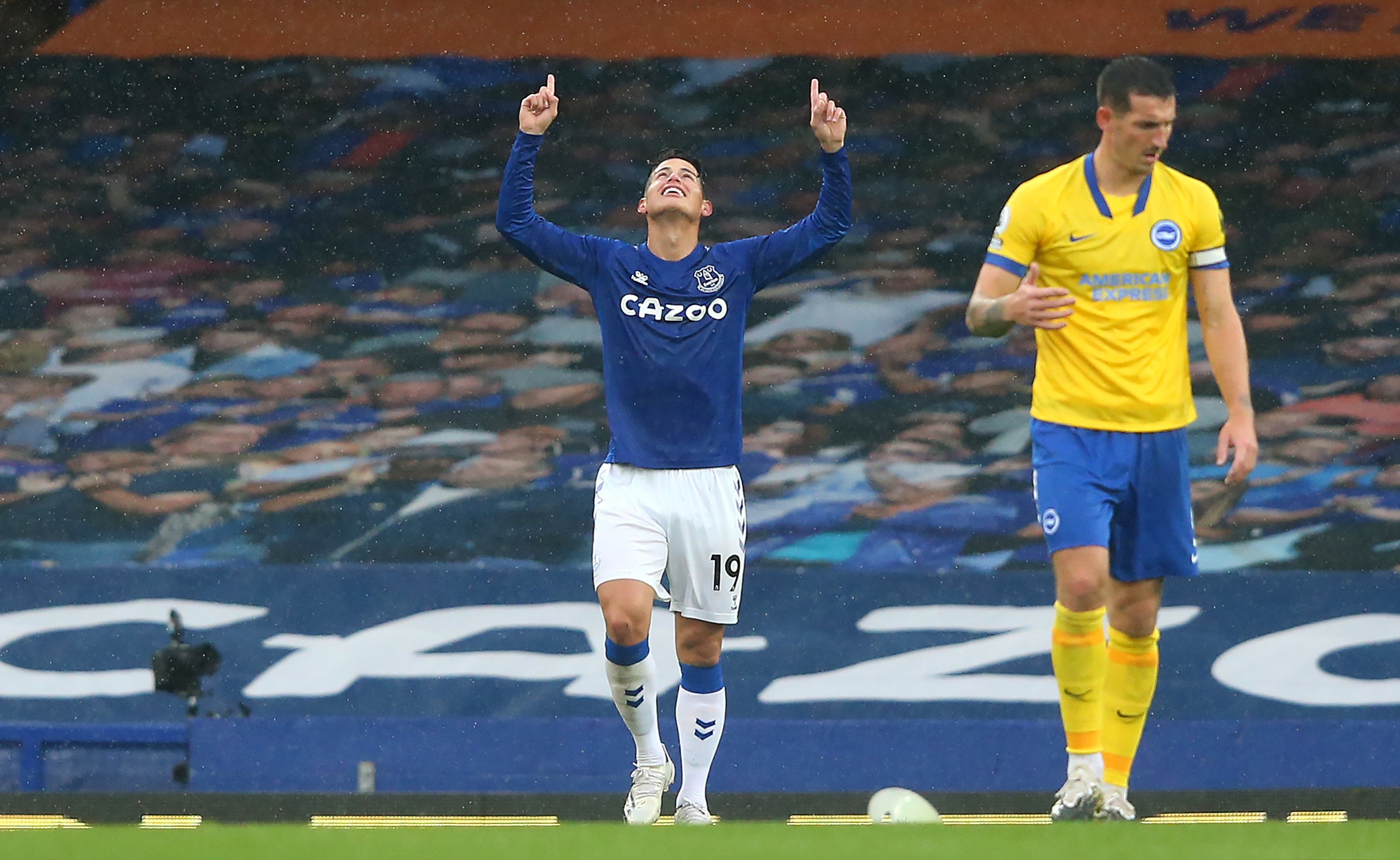 James Rodriguez celebrates scoring Everton's fourth goal against Brighton