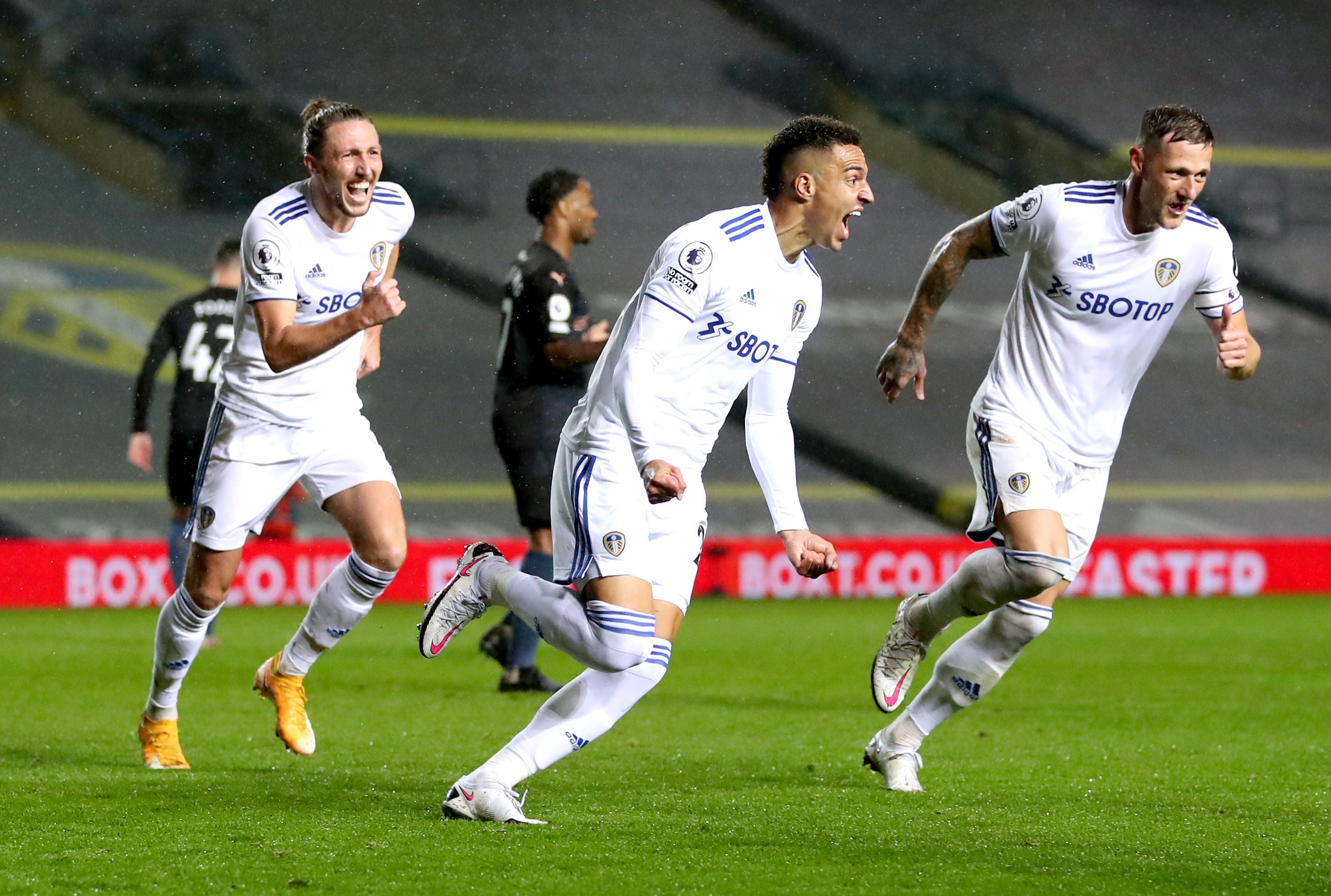 Rodrigo celebrates after scoring Leeds' equaliser