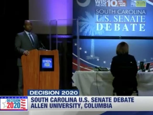 Jaime Harrison appeared at the South Carolina Senate debate with a plexiglass wall to shield from possible exposure to coronavirus from Lindsey Graham