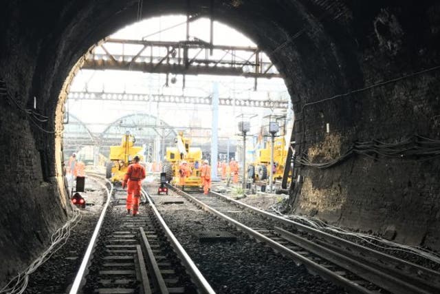 Work station: Network Rail crew at the Gasworks Tunnel, just outside King's Cross station in London 