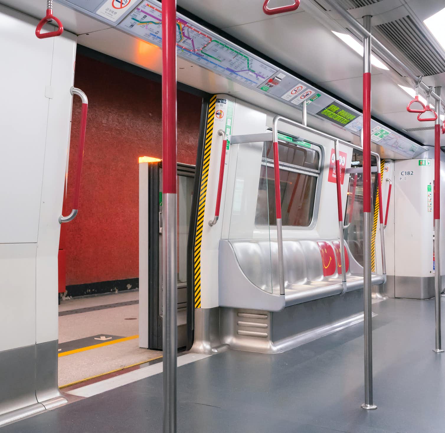 An empty carriage on the Hong Kong MTR, May 2020