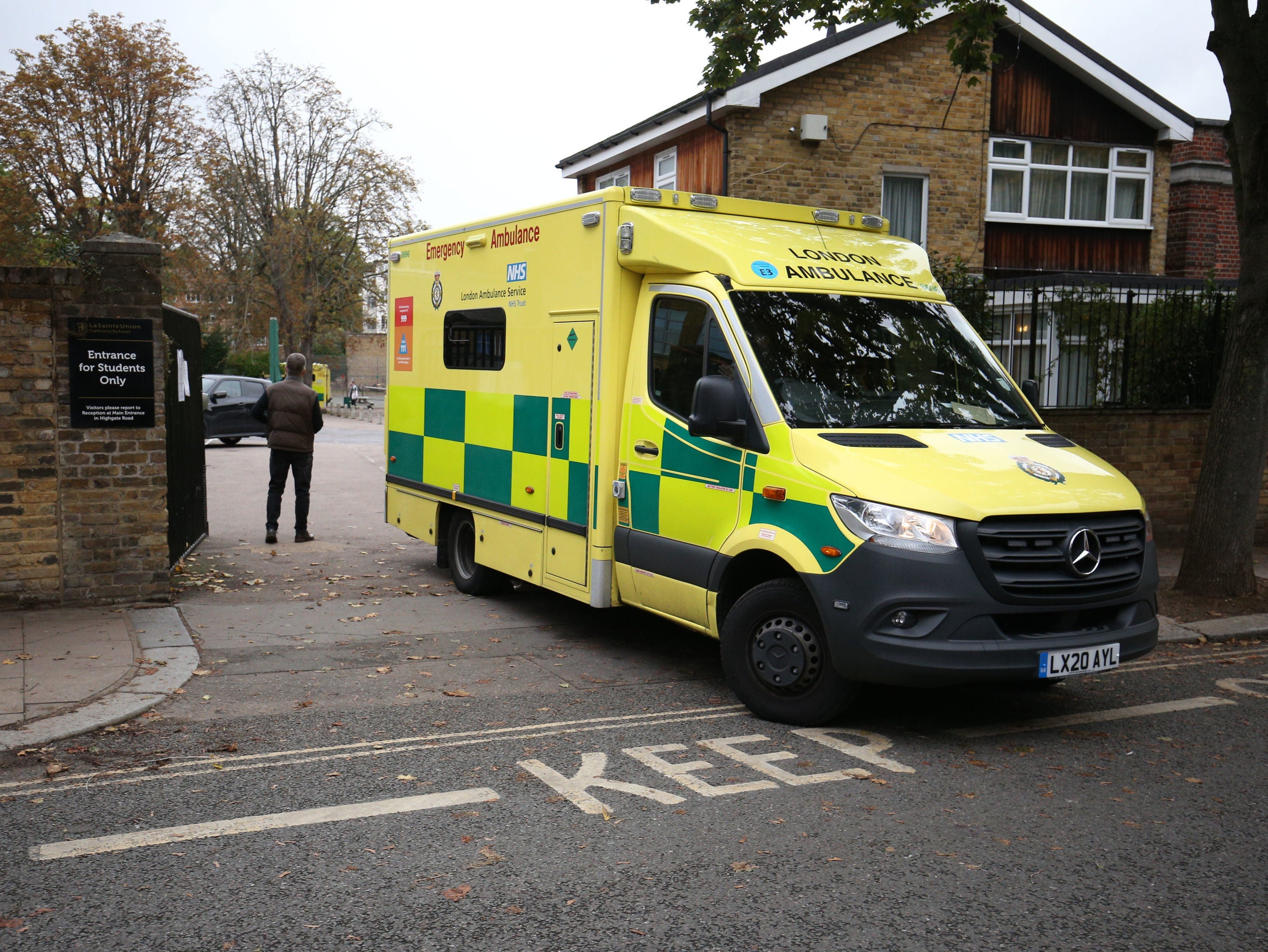 An ambulance leaves La Sainte Union Catholic School in Highgate, north London
