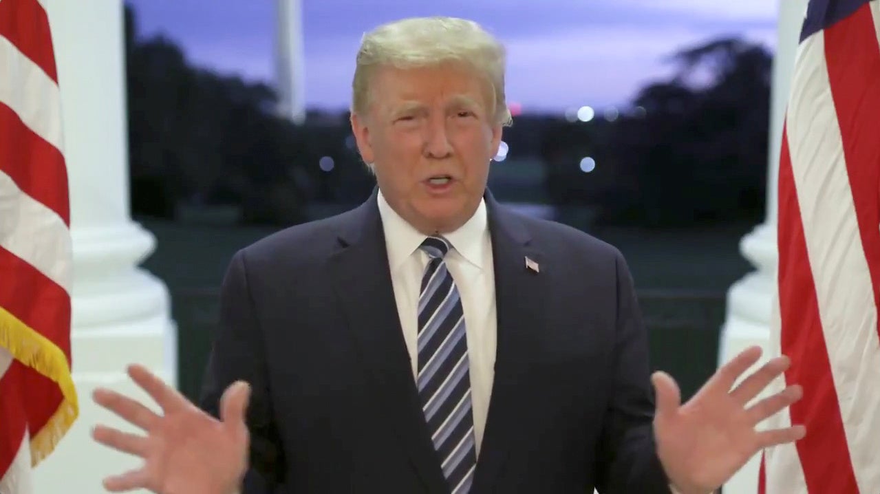 U.S. President Donald Trump speaks at the White House after returning from hospitalization at the Walter Reed Medical Center for coronavirus disease (COVID-19) treatment, in Washington, October 5, 2020, in this still image from video posted on Trump's Twitter page. @realDonaldTrump/Handout via REUTERS  