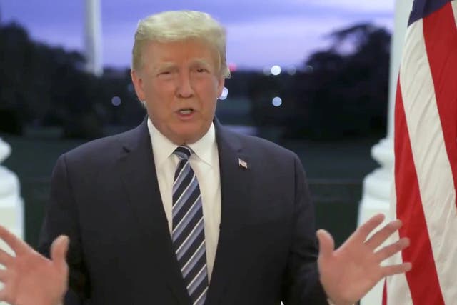 U.S. President Donald Trump speaks at the White House after returning from hospitalization at the Walter Reed Medical Center for coronavirus disease (COVID-19) treatment, in Washington, October 5, 2020, in this still image from video posted on Trump's Twitter page. @realDonaldTrump/Handout via REUTERS  