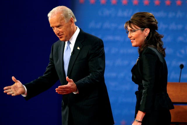 Then Senator Joe Biden and Republican vice presidential nominee Alaska Governor Sarah Palin during the 2008 vice presidential debates. 