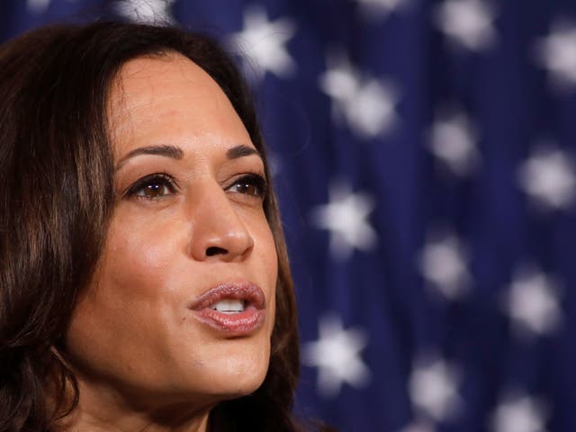 Democratic US vice presidential nominee Senator Kamala Harris speaks at a campaign event in Raleigh, North Carolina