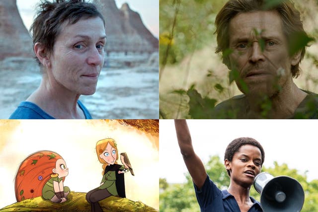 Clockwise: Willem Dafoe in 'Siberia', Letitia Wright in 'Mangrove', 'Wolfwalkers' and Frances McDormand in 'Nomadland'