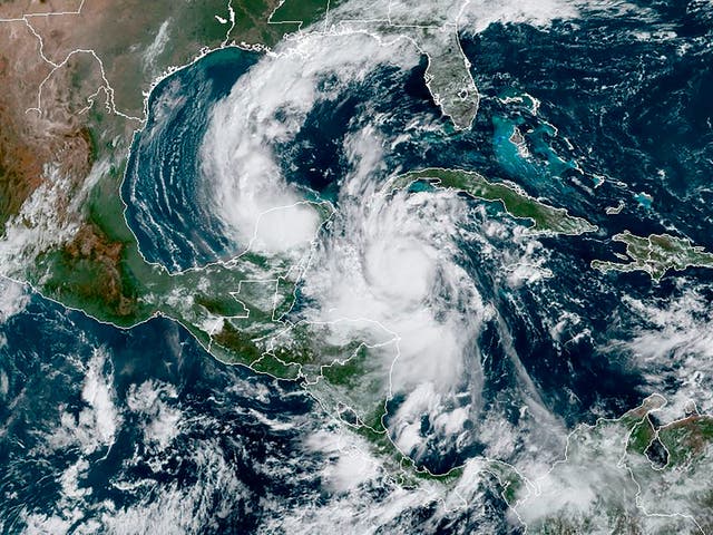 This RAMMB/NOAA satellite image shows Hurricane Delta moving northwest in the Caribbean on 6 October 2020, at 15:20 UTC