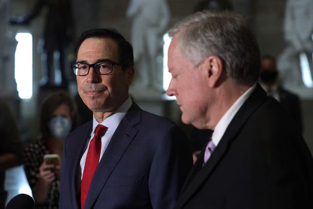 Treasury Secretary Steven Mnuchin, left, and White House Chief of Staff Mark Meadows have been the Trump administration’s lead negotiators for coronavirus relief.