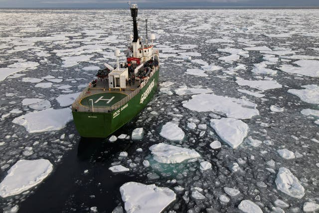  Greenpeace’s Arctic Sunrise ship navigates through floating ice in the Arctic Ocean in September 2020