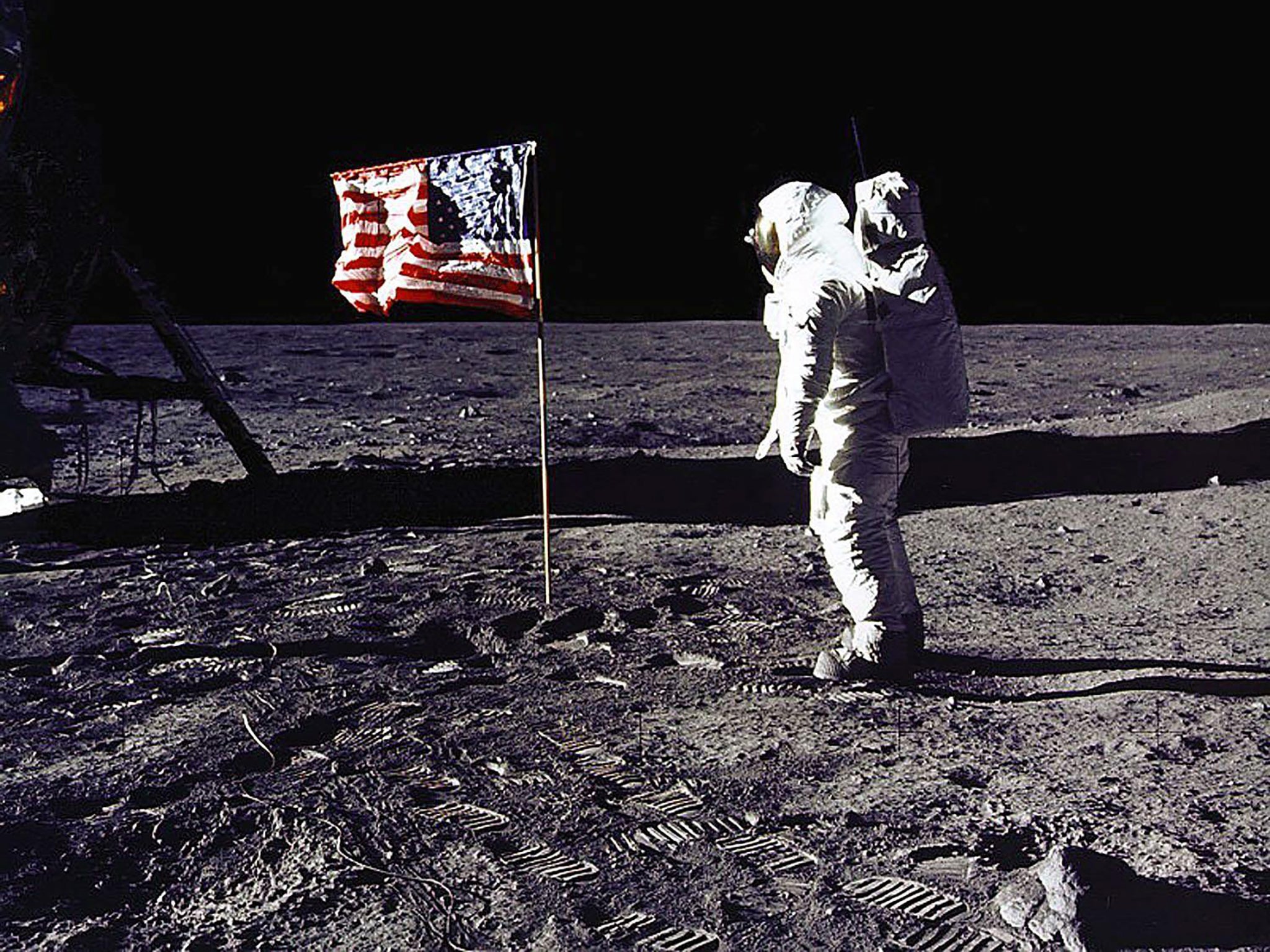 Astronaut Buzz Aldrin saluting the US flag on the surface of the moon during the Apollo 11 lunar mission, 1969
