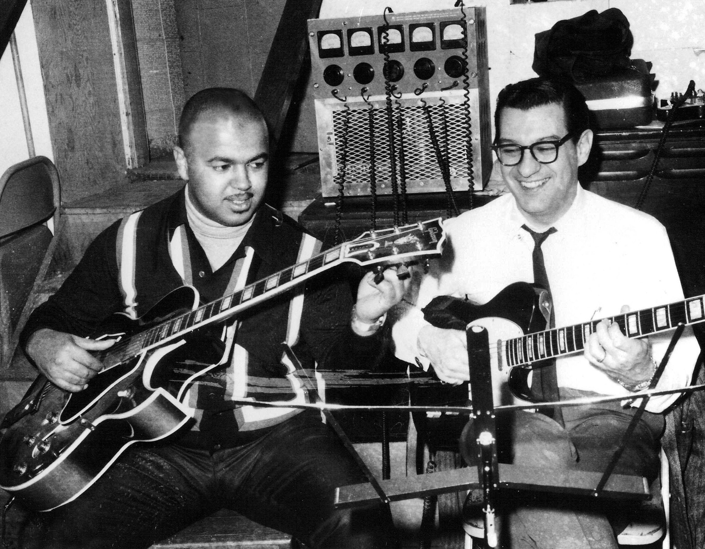Robert White, left, and fellow Motown guitarist Joe Messina, in Studio A at Hitsville USA, Detroit