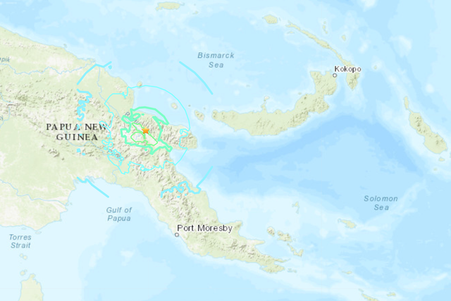 A USGS map shows the epicentre of an earthquake that struck Papua New Guinea on 8 October, 2020.
