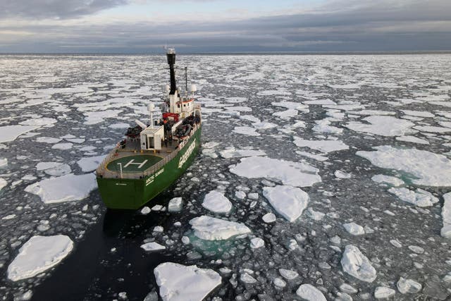 <p>Greenpeace's Arctic Sunrise ship navigates through floating ice in the Arctic Ocean</p>