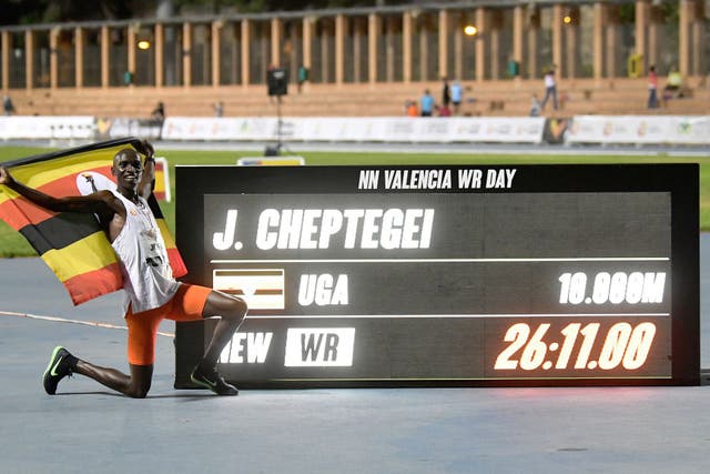 Cheptegei wore the Nike ZoomX Dragonfly spikes for his world record run