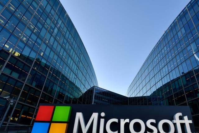 The Microsoft logo is seen at the French headquarters of the US multinational technology company