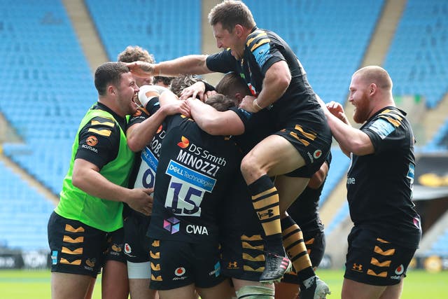 Wasps players celebrate a try in their semi-final victory over Bristol Bears