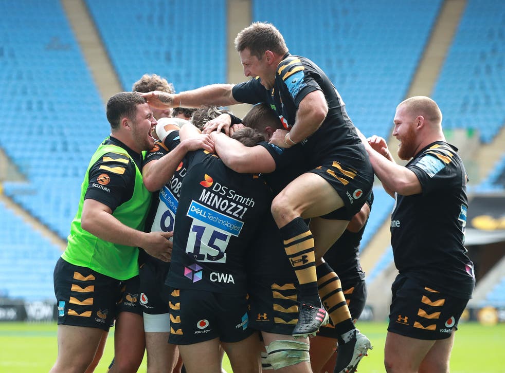 Wasps players celebrate a try in their semi-final victory over Bristol Bears