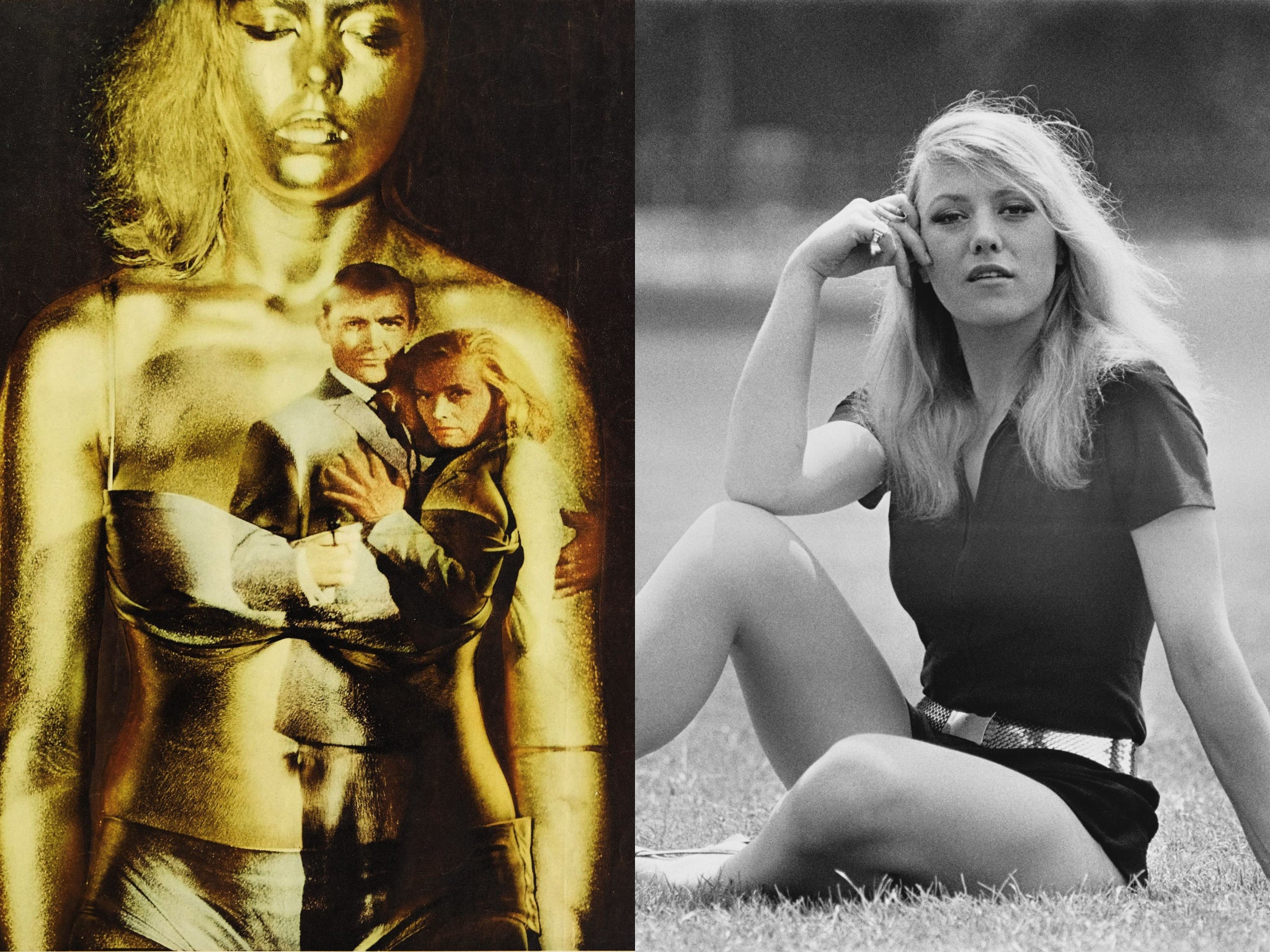 Margaret Nolan in the poster for ‘Goldfinger’ (left) and photographed in 1971 (right)