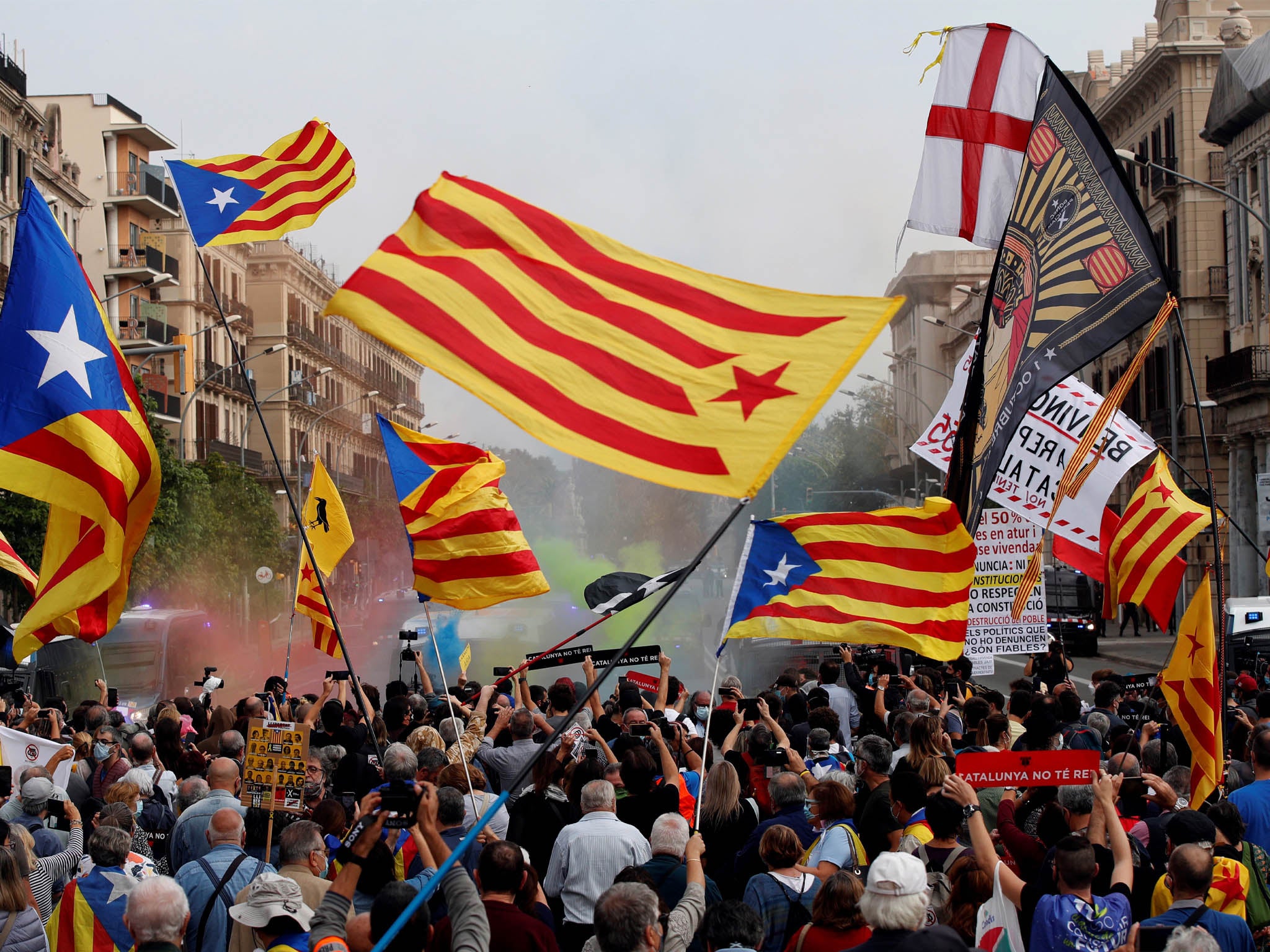 Protesters demonstrate against the monarchy in Barcelona on 9 October 2020 while King Felipe VI attends Barcelona New Economic Week awards