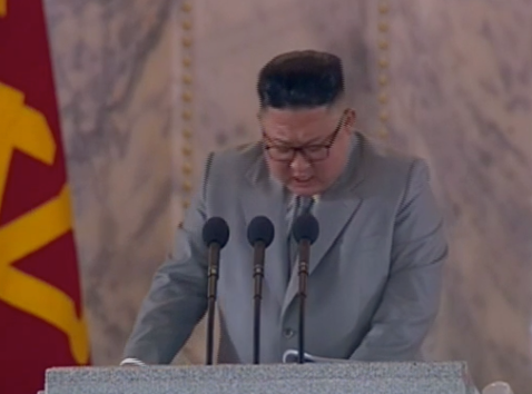 Kim Jong-un delivers speech during North Korea military parade