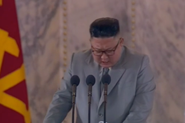 Kim Jong-un delivers speech during North Korea military parade