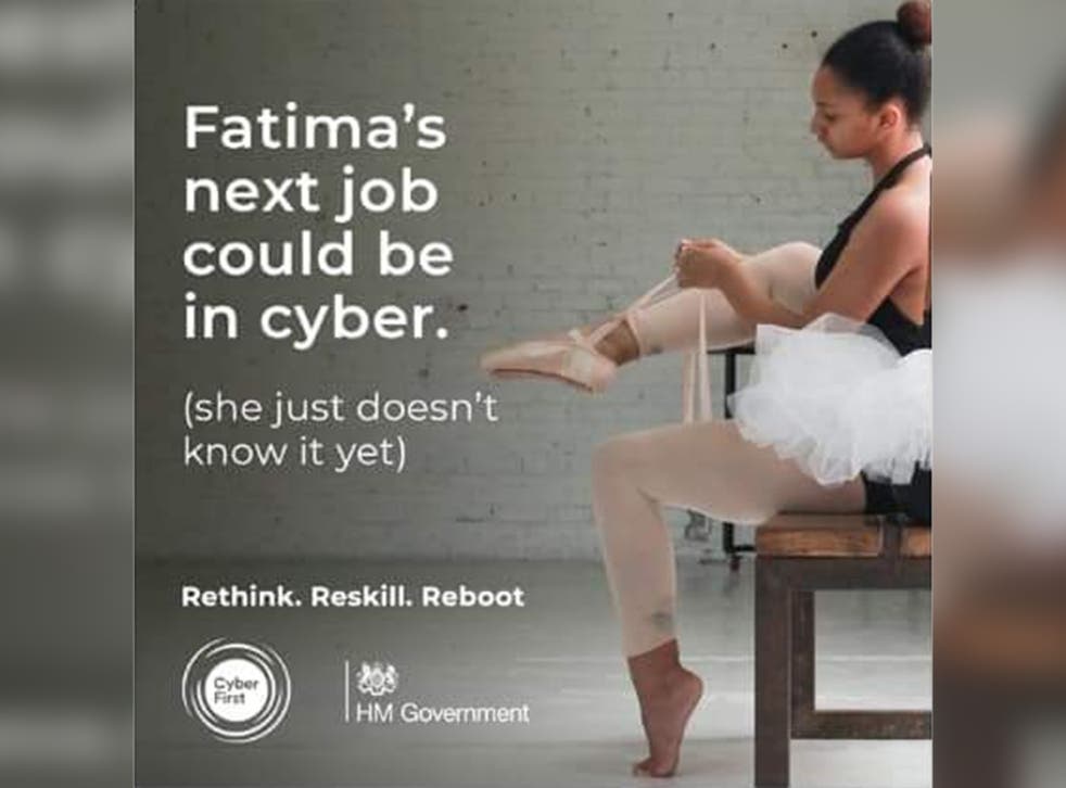 The advert, which is part of a campaign to encourage people to consider a career in cyber-security, features a ballet dancer and suggests she could retrain to be an IT specialist