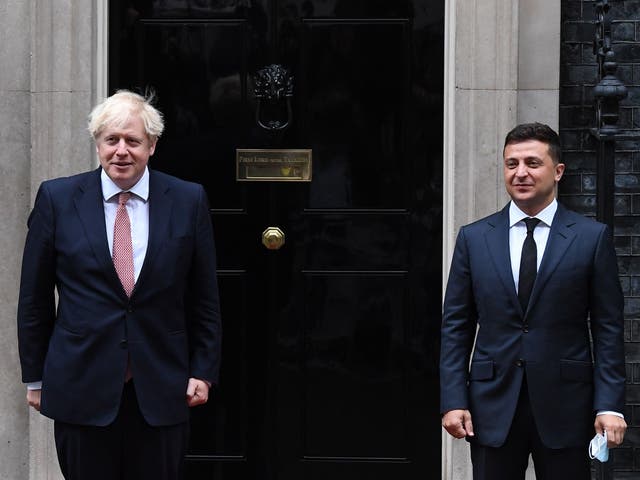 Boris Johnson greets  Volodymyr Zelensky outside 10 Downing Street