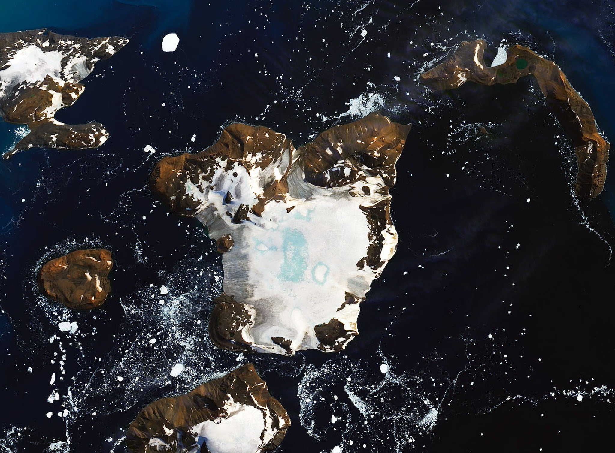 A satellite image showing melting on the ice cap of Eagle Island, off Graham Land, Antarctica