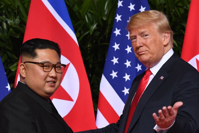 President Donald Trump meeting with North Korea’s leader Kim Jong Un at start of US-North Korea summit regarding nuclear disarmament in June, 2018