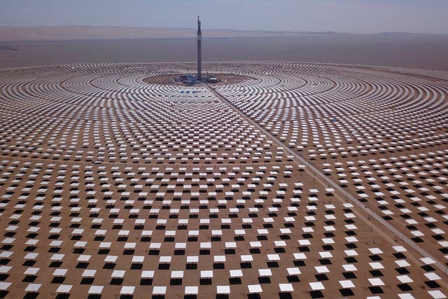 A solar thermal power plant in Dunhuang in China’s northwestern Gansu province. The World Energy Outlook 2020 from the International Energy Agency reported that solar power is now providing among the cheapest electricity in history 