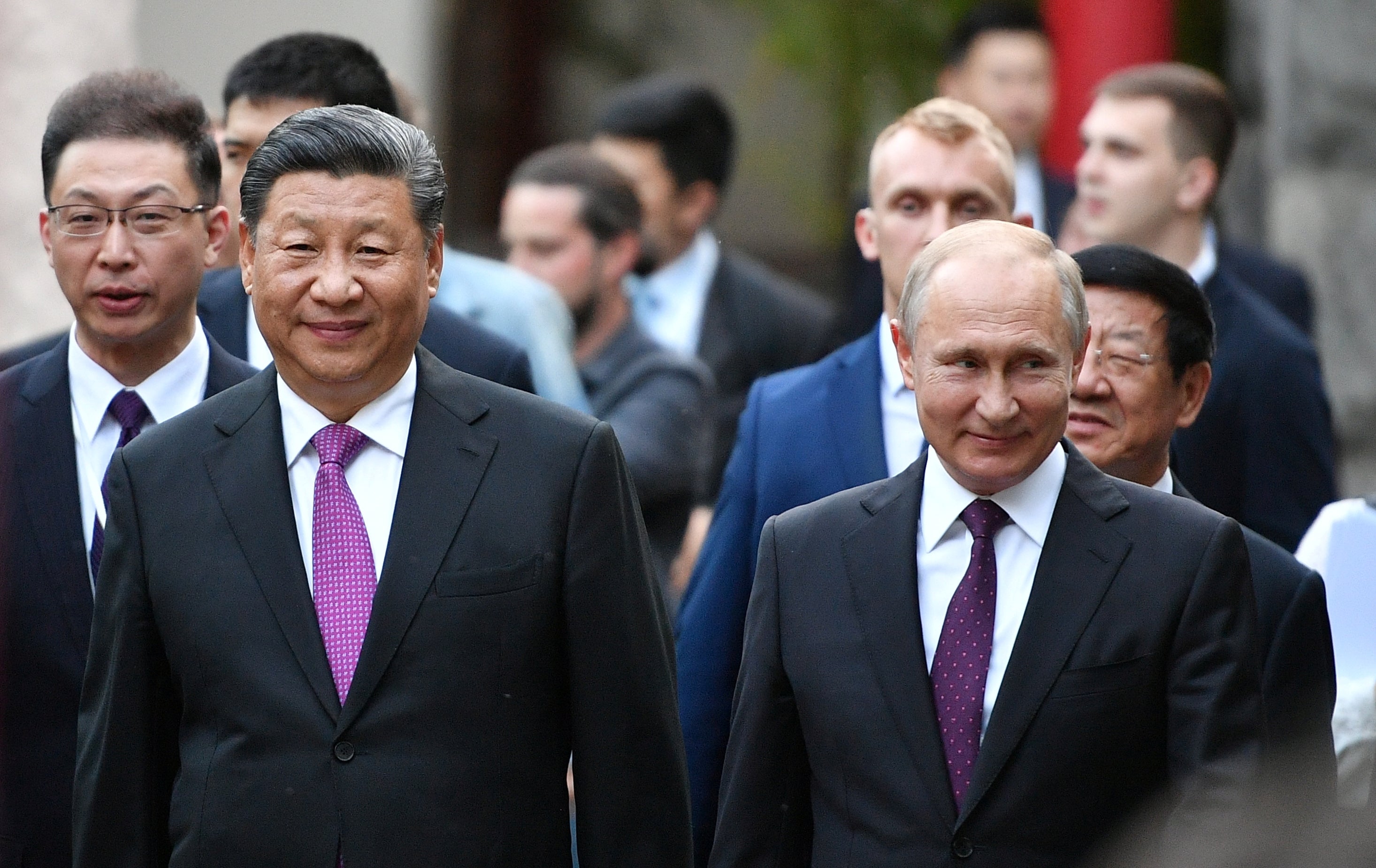 File: China’s Xi Jinping and Russia’ Vladimir Putin on a visit to Moscow Zoo in June 2019 