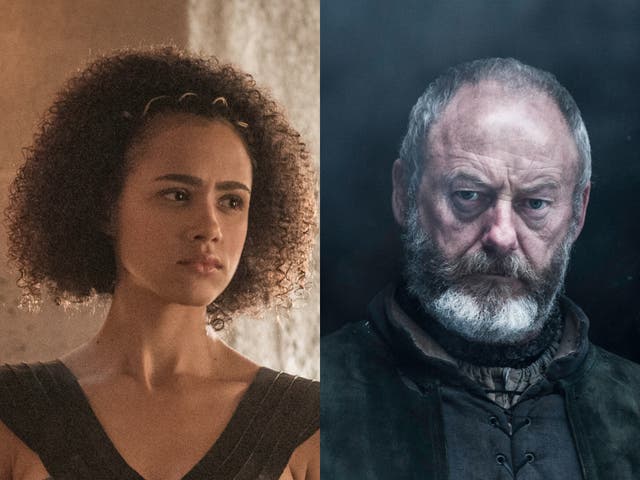 Liam Cunningham (right) says a romantic infatuation was proposed between his character, Davos, and Missandei (Nathalie Emmanuel)