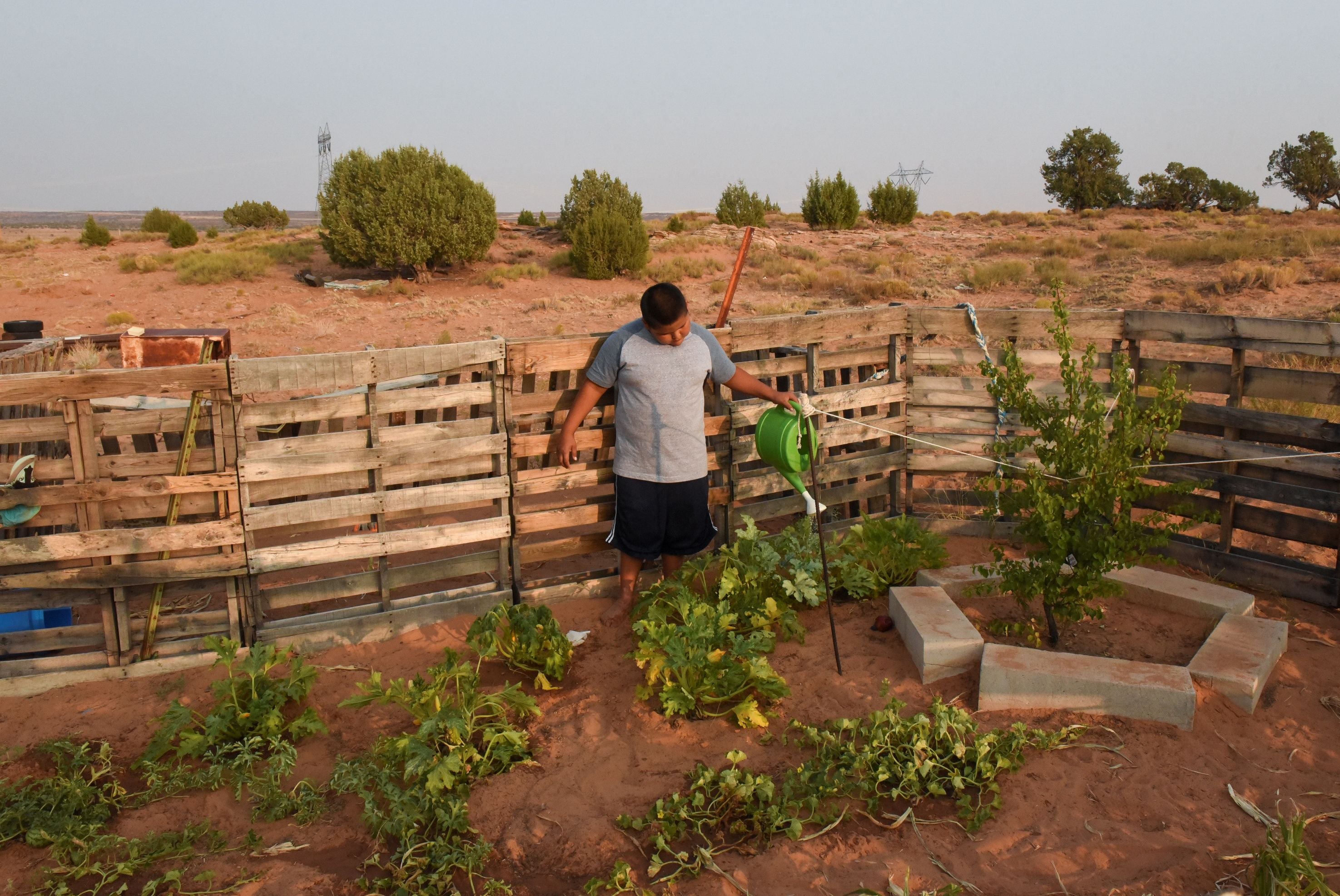 Joshua Manuelito, 10, waters his garden at home