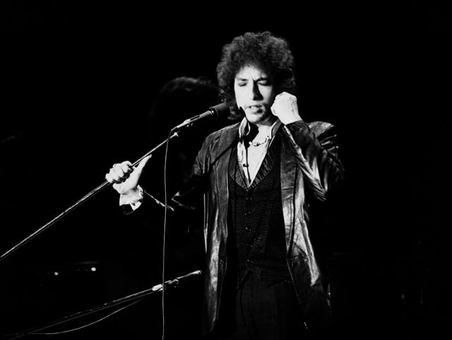 <p>Dylan performing in 1978, a few months before the events that would lead to his conversion</p>