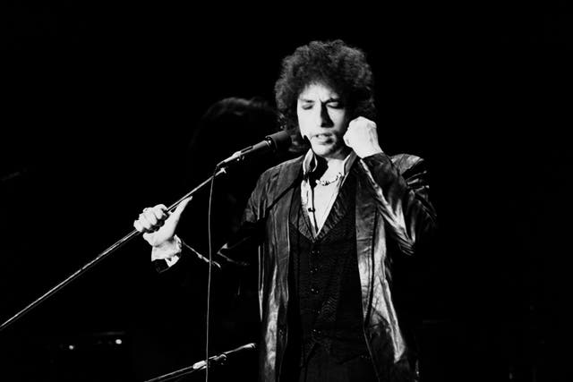 <p>Dylan performing in 1978, a few months before the events that would lead to his conversion</p>