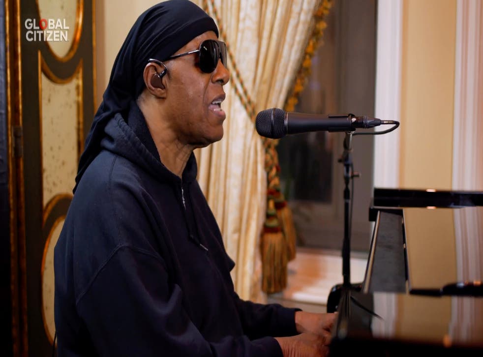 Stevie Wonder performs during the ‘One World: Together At Home’ concert presented by Global Citizen on 18 April 2020