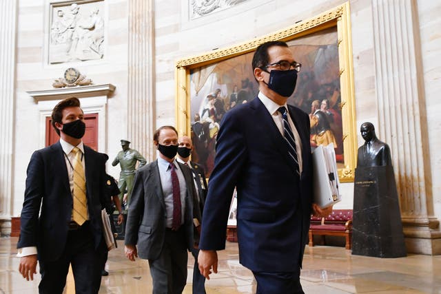 Treasury Secretary Steven Mnuchin heads to a meeting on the coronavirus relief bill at the Capitol in Washington, DC in August 2020.