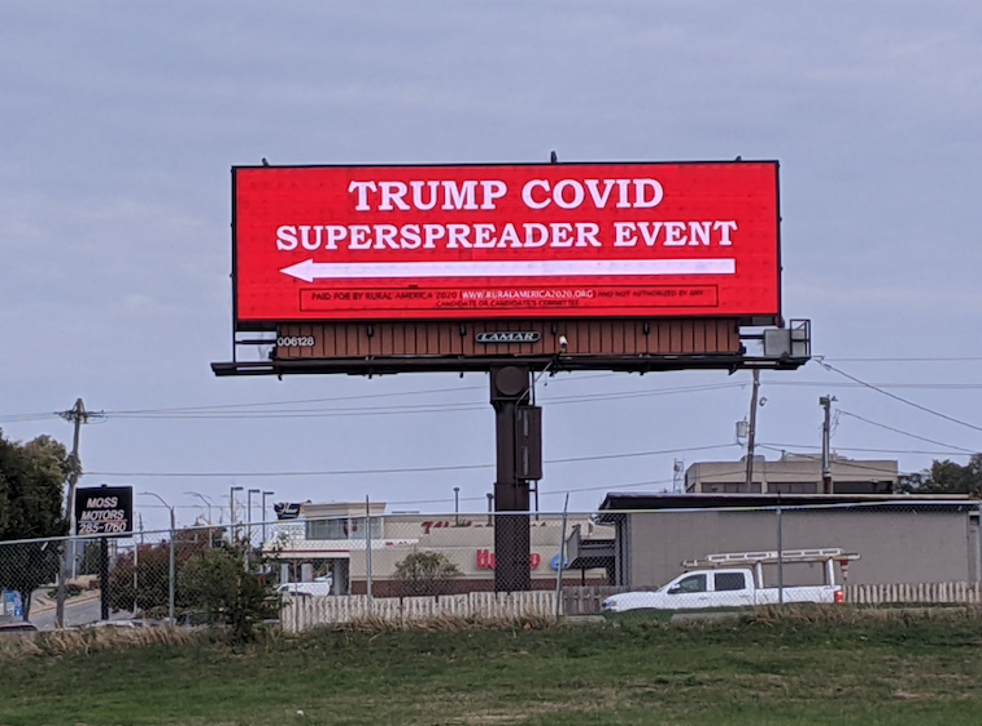 The campaign group Rural America 2020 installed the billboard opposite Des Moines airport ahead of Trumps rally on Wednesday